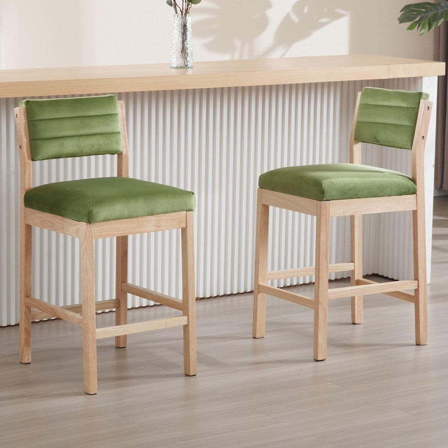 Retro Green Velvet Bar Stools Set of 2 – Wooden Leg Counter Chairs