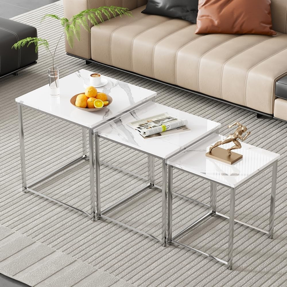 3 White Marble Nesting Tables Set Coffee End Side Table Square Space Saving