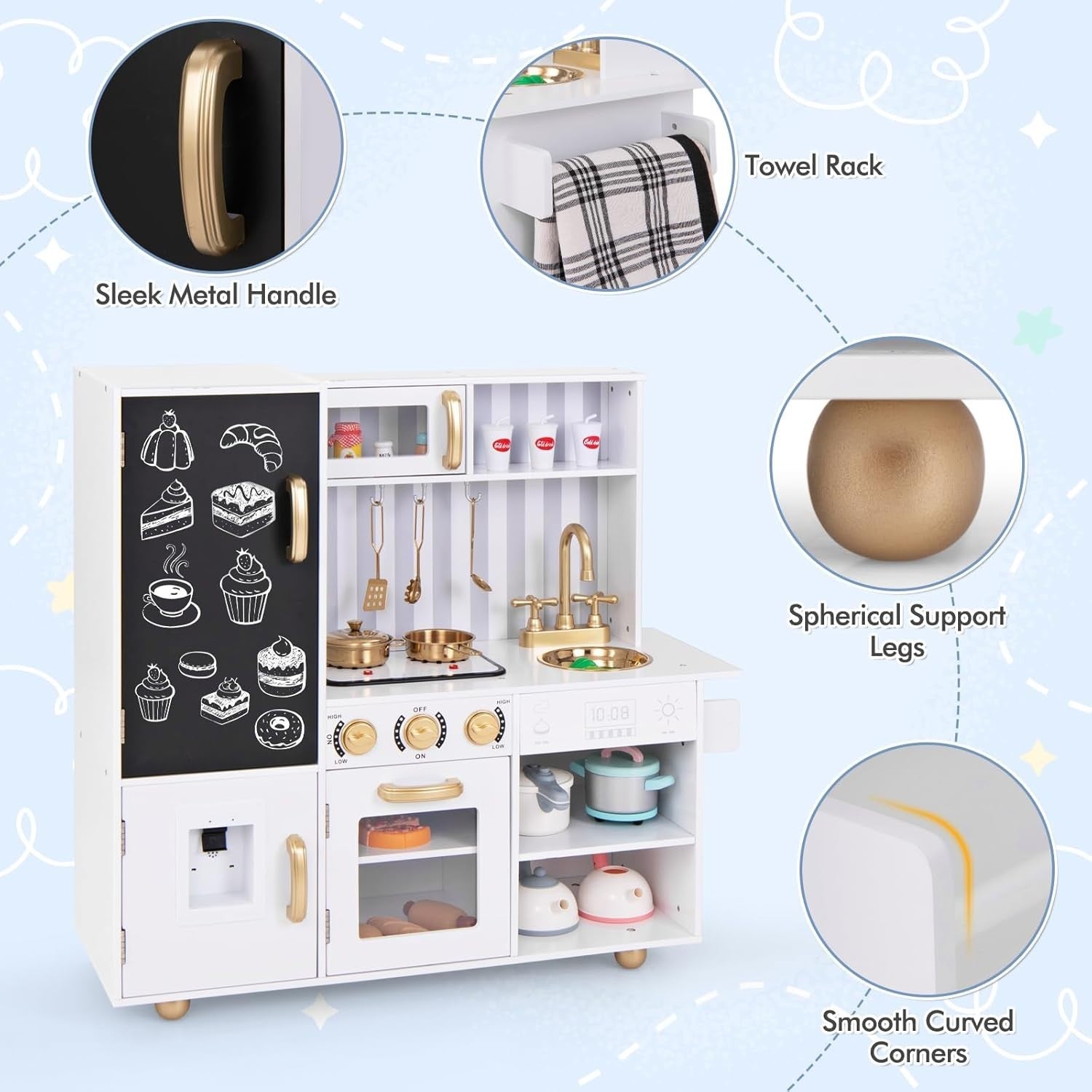 Kids Wooden Play Kitchen Lights Sounds Water Dispenser White Gold