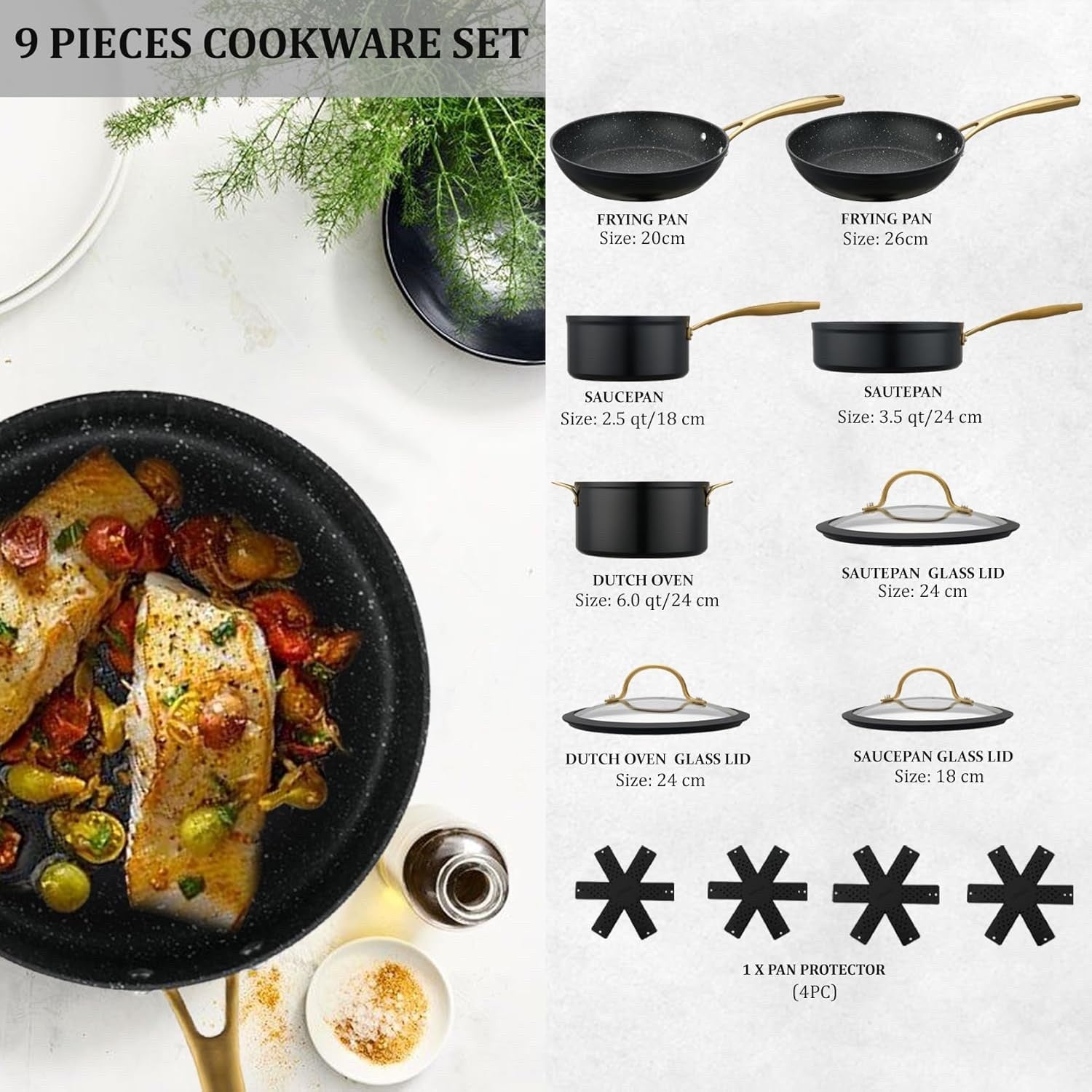 9Pcs Black Non-Stick Cookware Set, Granite Coating Pots & Pans with Lids