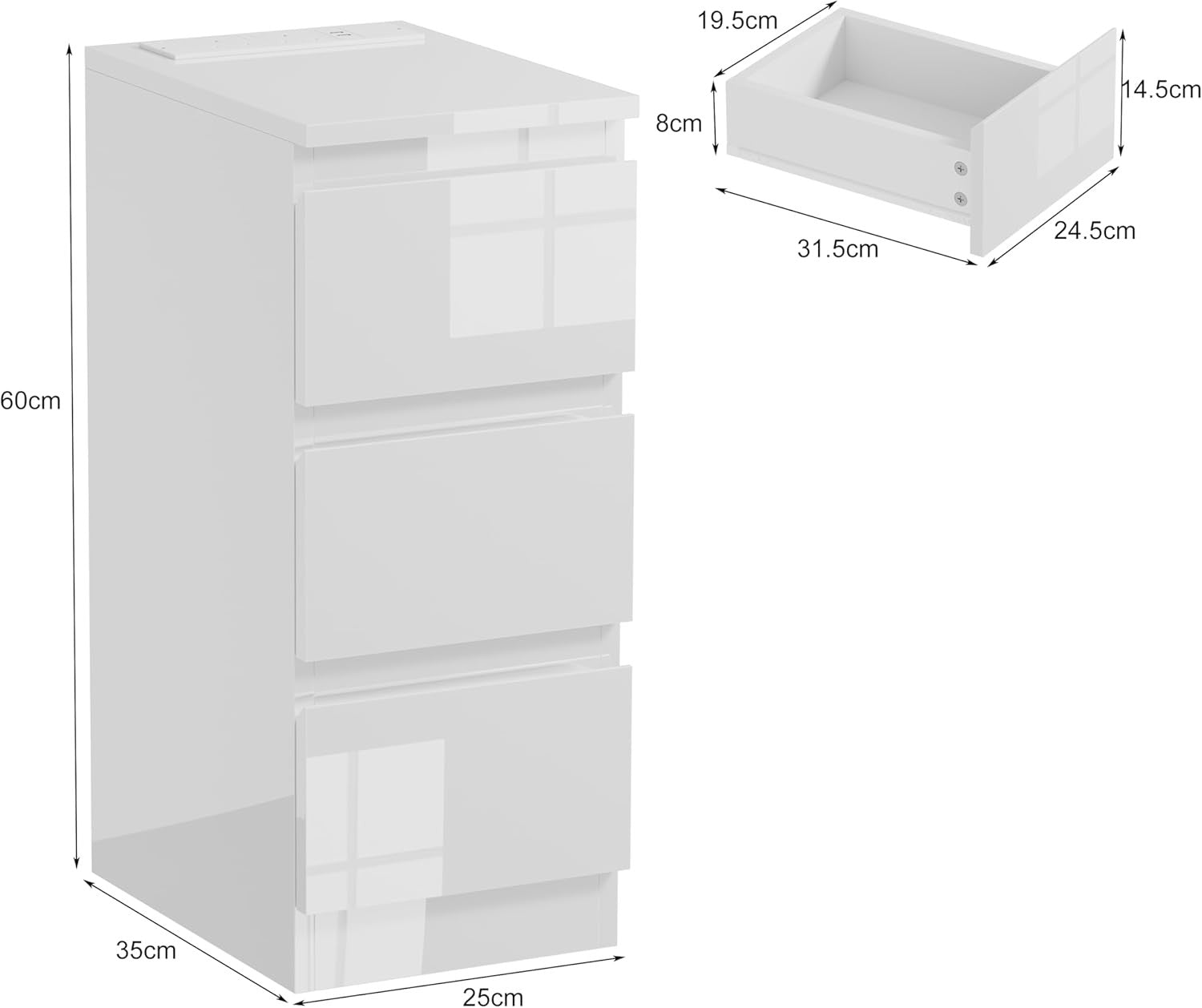 Set of 2 Charging Bedside Tables with USB Ports, Slim 3-Drawer Nightstands