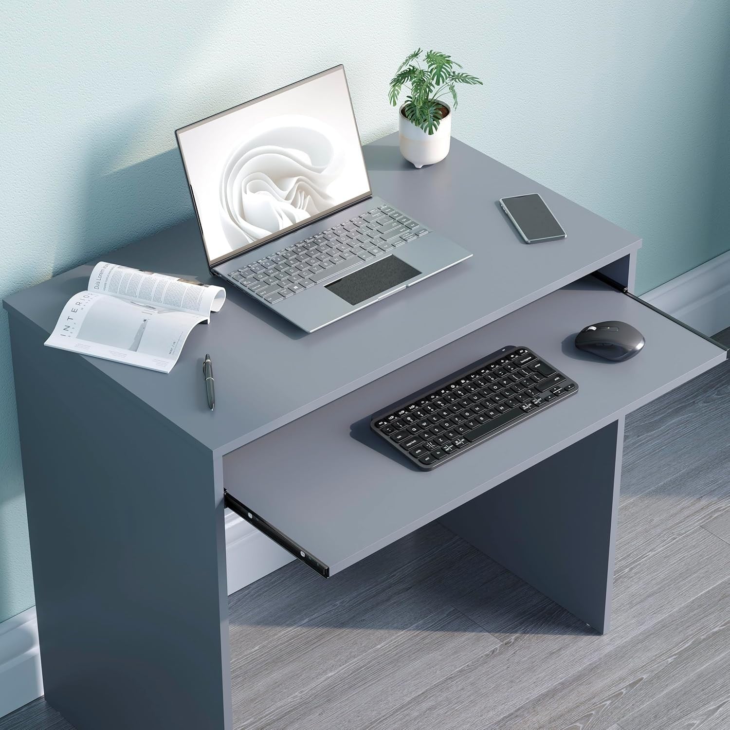 Small Computer Desk with Keyboard Tray Compact PC Laptop Table Grey