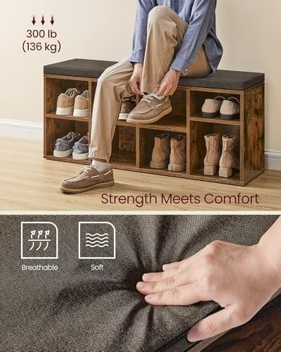 Rustic Brown Hallway Bench with 8 Compartments & Padded Seat