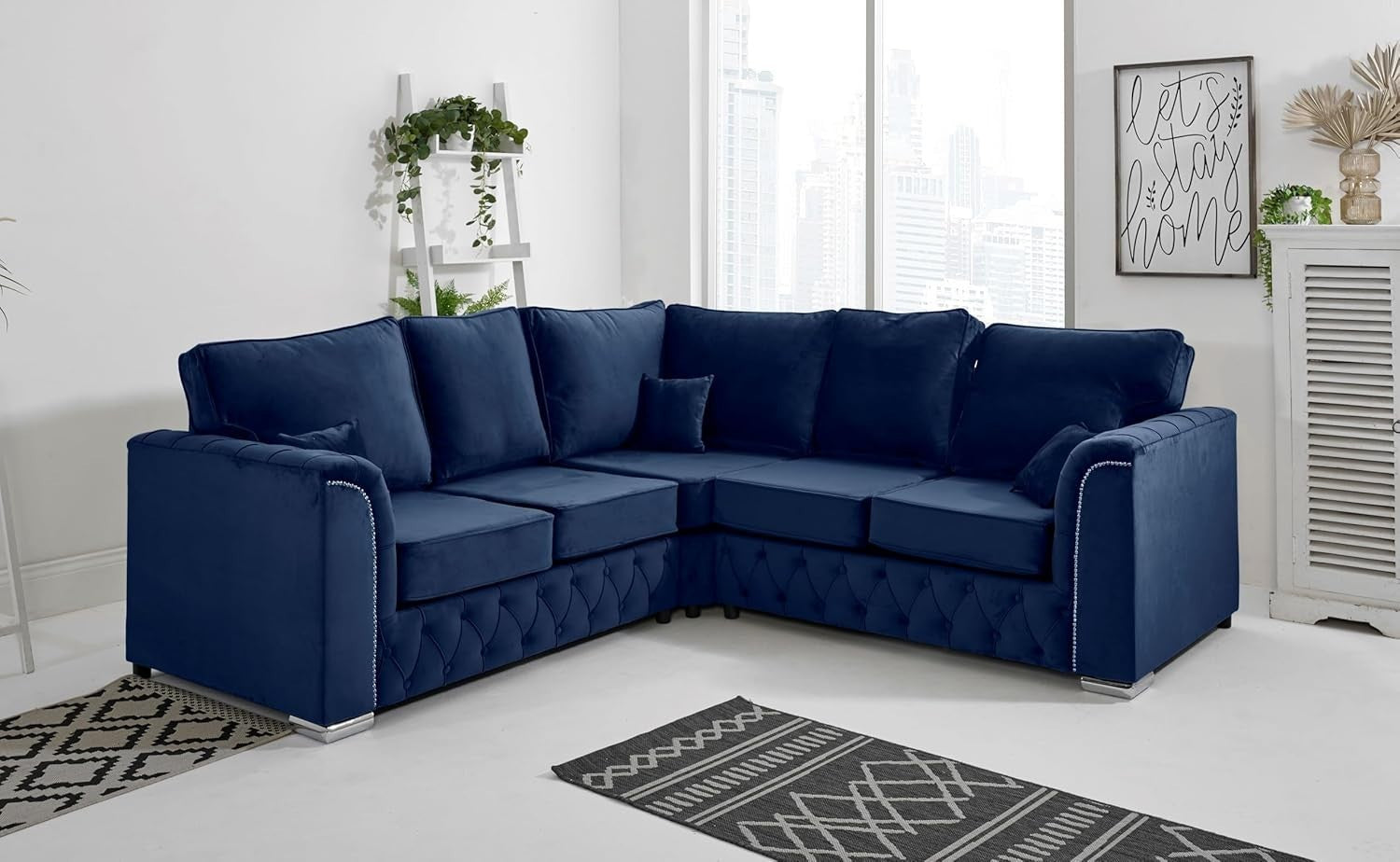 Blue Plush Velvet 5-Seater Corner Sofa – Fullback & Button Detail