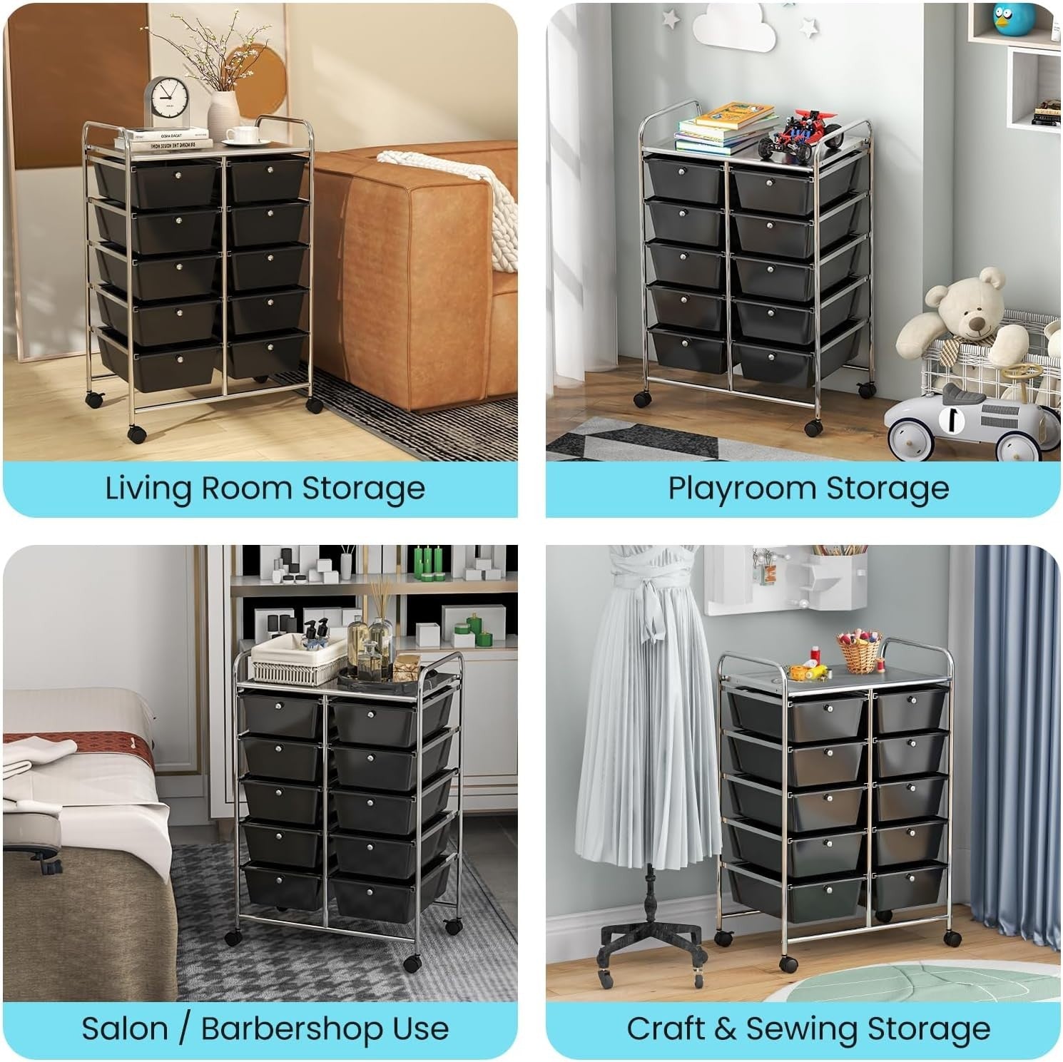 Black 10 Drawer Rolling Storage Cart Utility Trolley Office Organizer