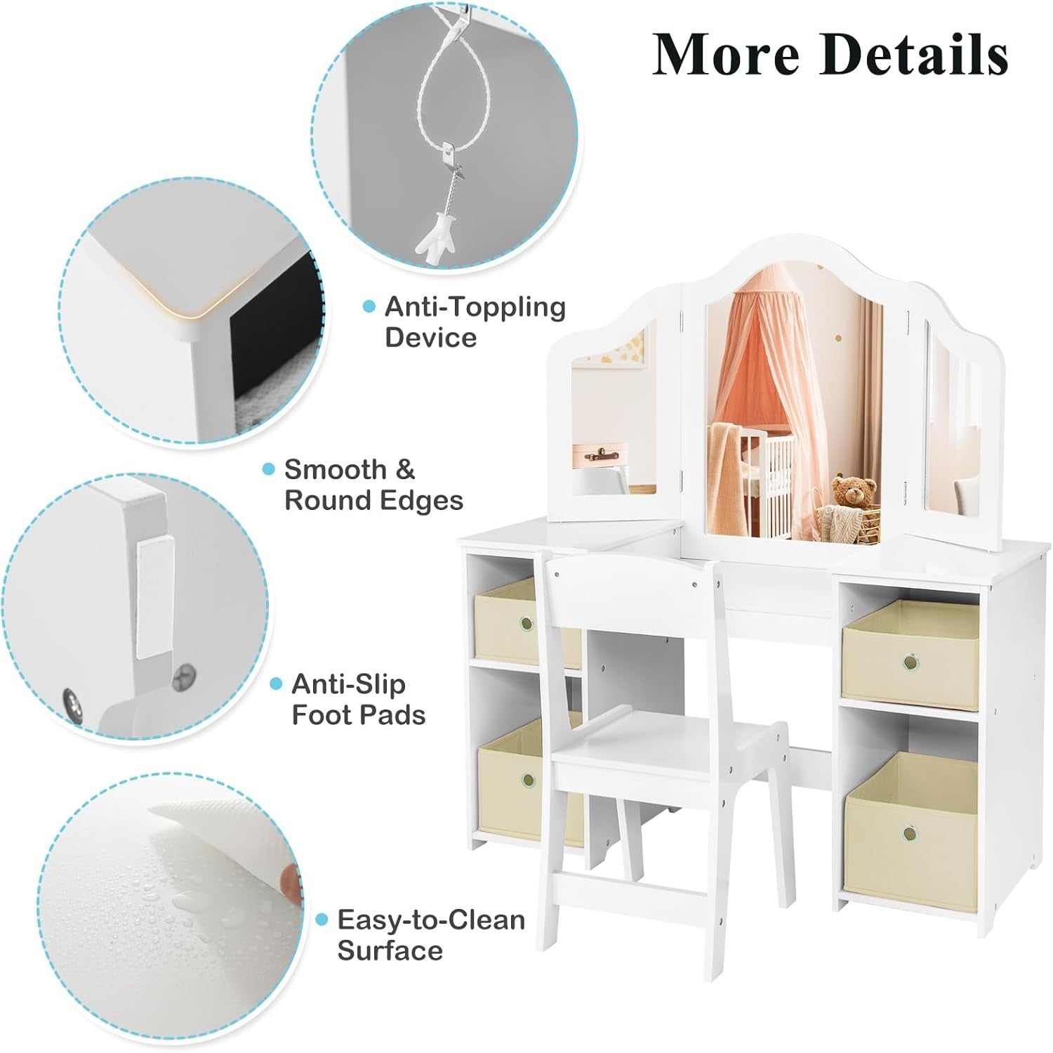 Kids Vanity Table with Tri-Fold Mirror & Storage Bins, White Wooden Set