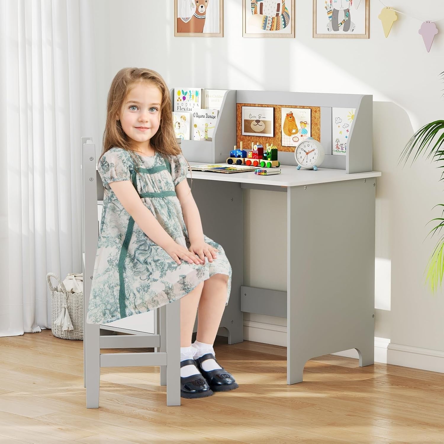 Kids Wooden Desk and Chair Set with Storage White Grey Study Table