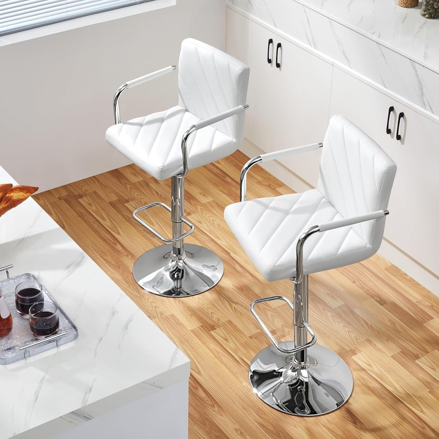 White Adjustable Swivel Bar Stools Set of 2 Faux Leather Armchairs