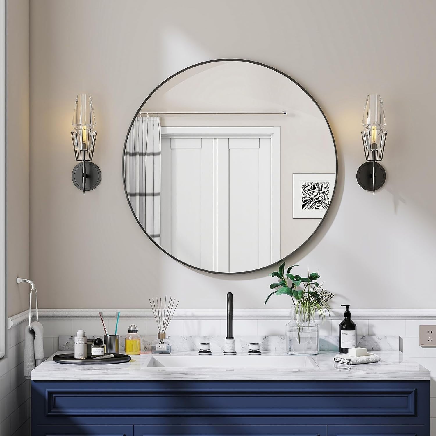 Black Round Wall Mirror 76cm with Aluminum Frame & Easy Wall Mount
