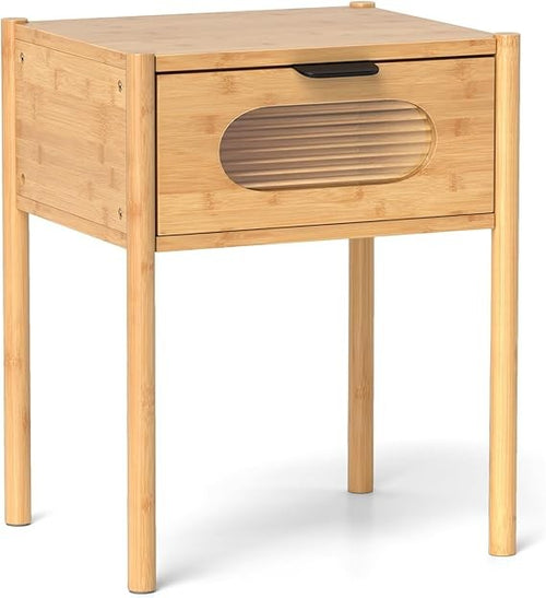 Modern Bamboo Bedside Table with Drawer & Glass Front – Compact Accent