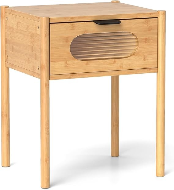 Modern Bamboo Bedside Table with Drawer & Glass Front – Compact Accent