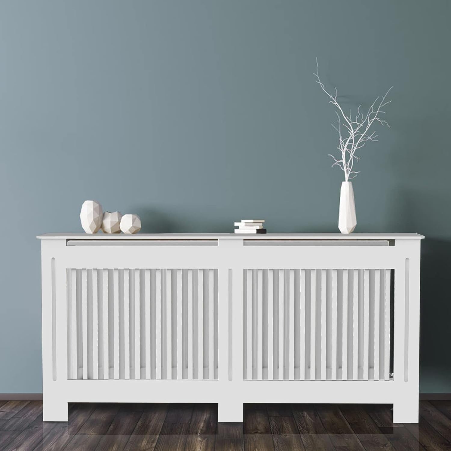 Large Radiator Cover White MDF Cabinet | Vertical Slats Tall Shelf 100cm