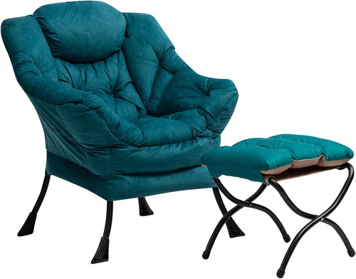 Velvet Blue Green Armchair with Footstool Living Room Lounge Relax Seat