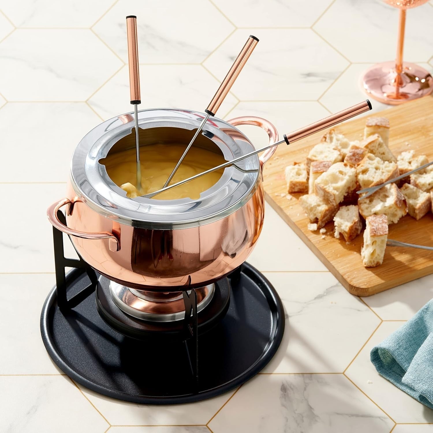 Rose Gold Stainless Steel Fondue Set Cheese Chocolate Pot 6 Person