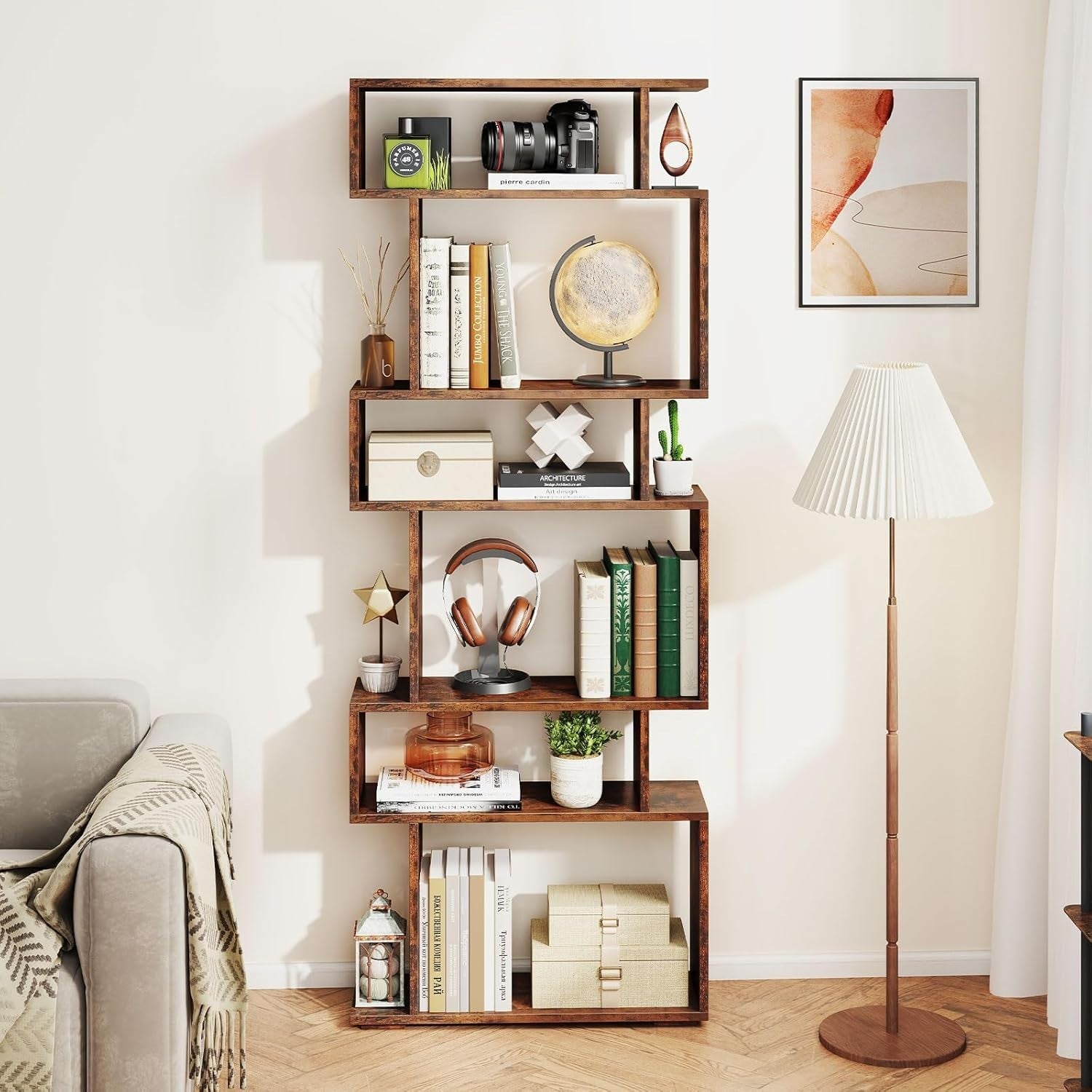 6-Tier S-Shaped Bookshelf Ladder Shelf with Anti-Tip Kits, Rustic Brown, Tall St