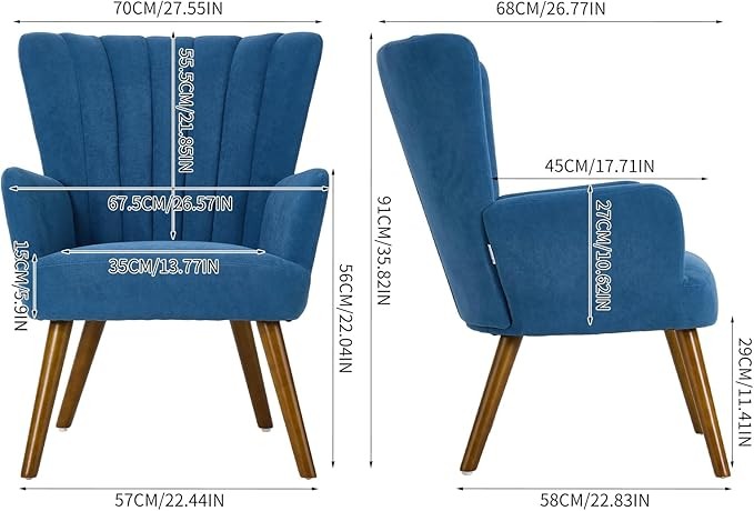 Velvet Wingback Armchair Tub Accent Chair Solid Wood Legs Blue