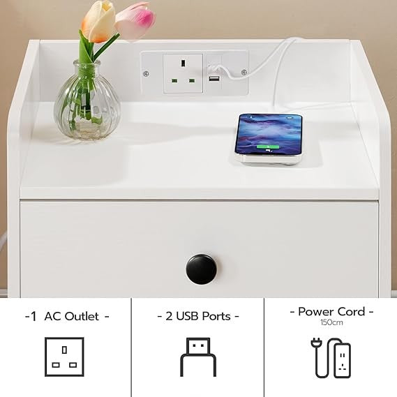White Charging Bedside Table with USB Ports, Drawer & Shelf Modern Nightstand