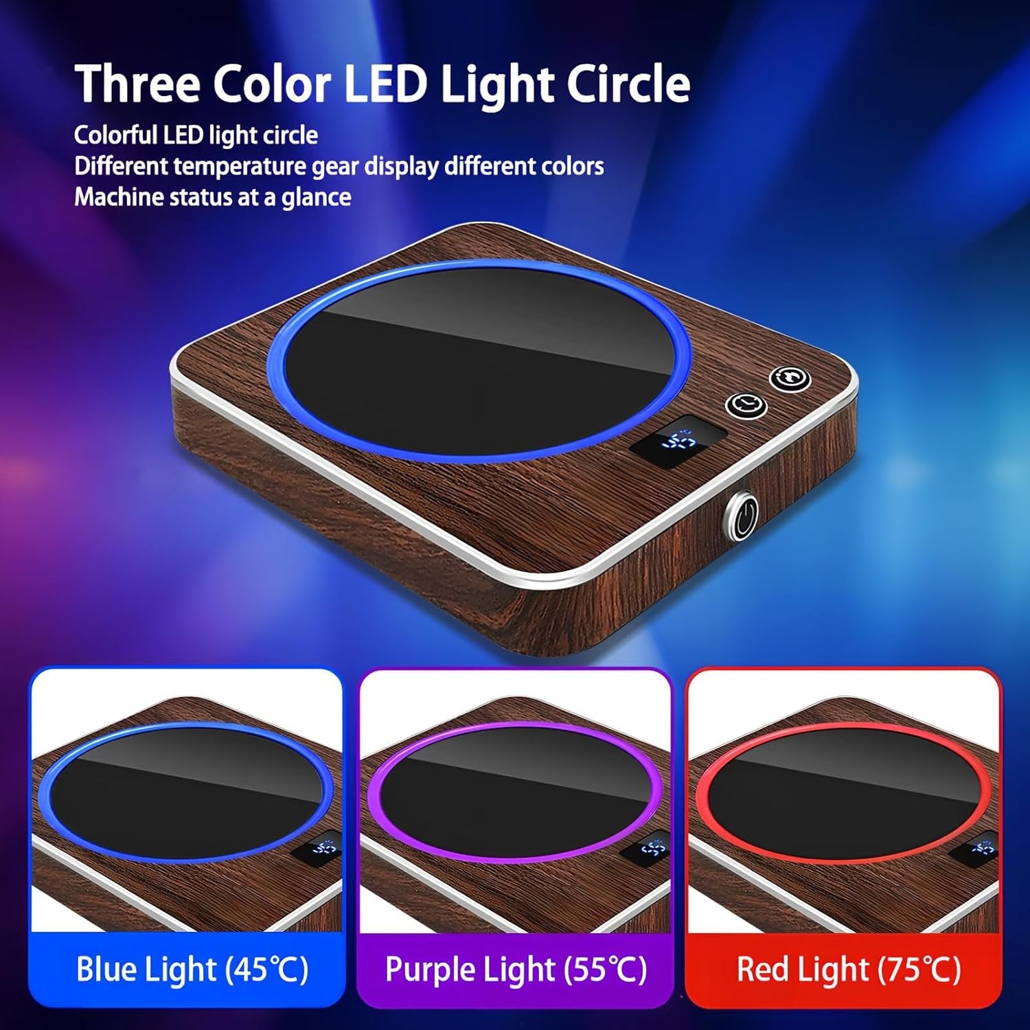 Smart Coffee Mug Warmer 3 Temp LED Desk Cup Heater Walnut