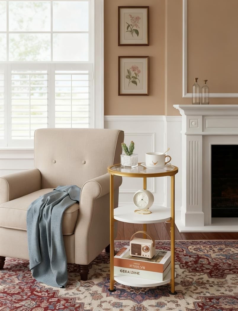 Small Round Glass Side Table with 3-Tier Storage, Tempered Glass & Gold Trim