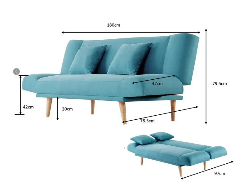 Blue 3 Seater Sofa Bed Click Clack Recliner Guest Couch with Cushions