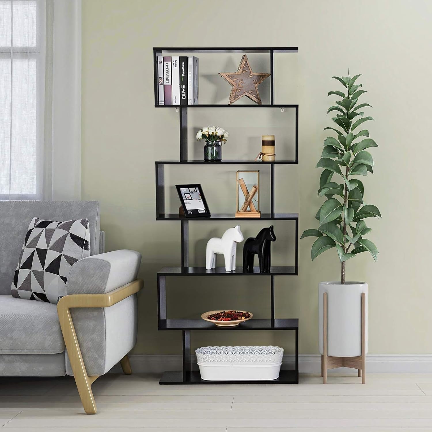 S Shaped 6 Tier Wooden Bookcase Freestanding Display Storage Shelf Black