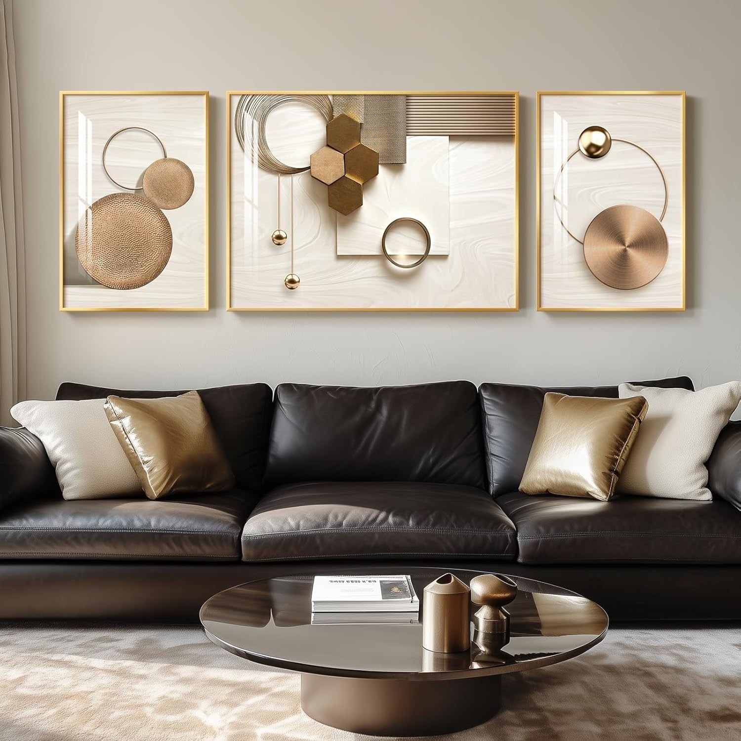 Extra Large Gold Geometric Wall Art 3 Panel 30x80in Framed