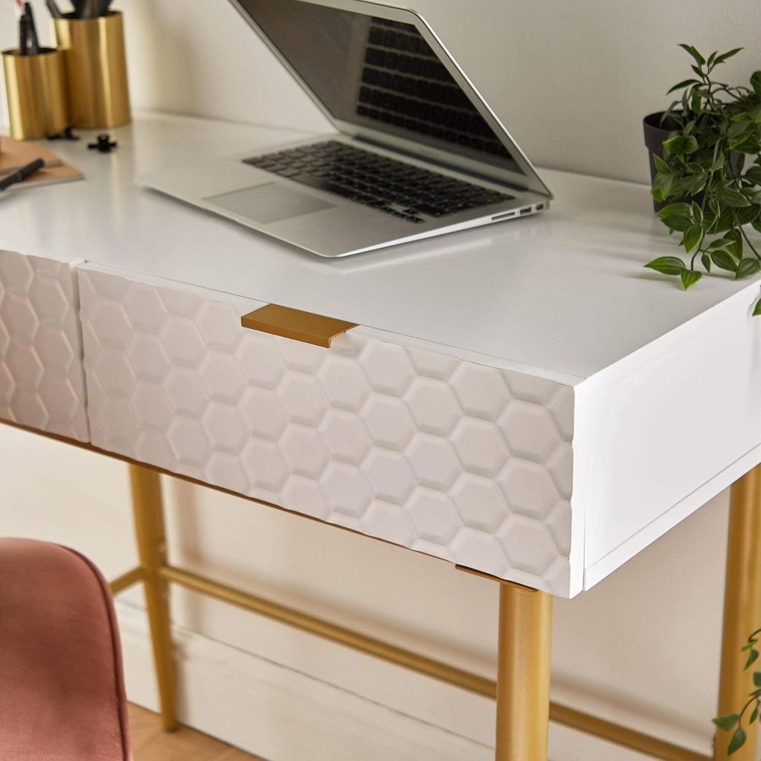 Modern White Dressing Table with Gold Legs, 2 Drawers, Glossy Finish, 90x75cm