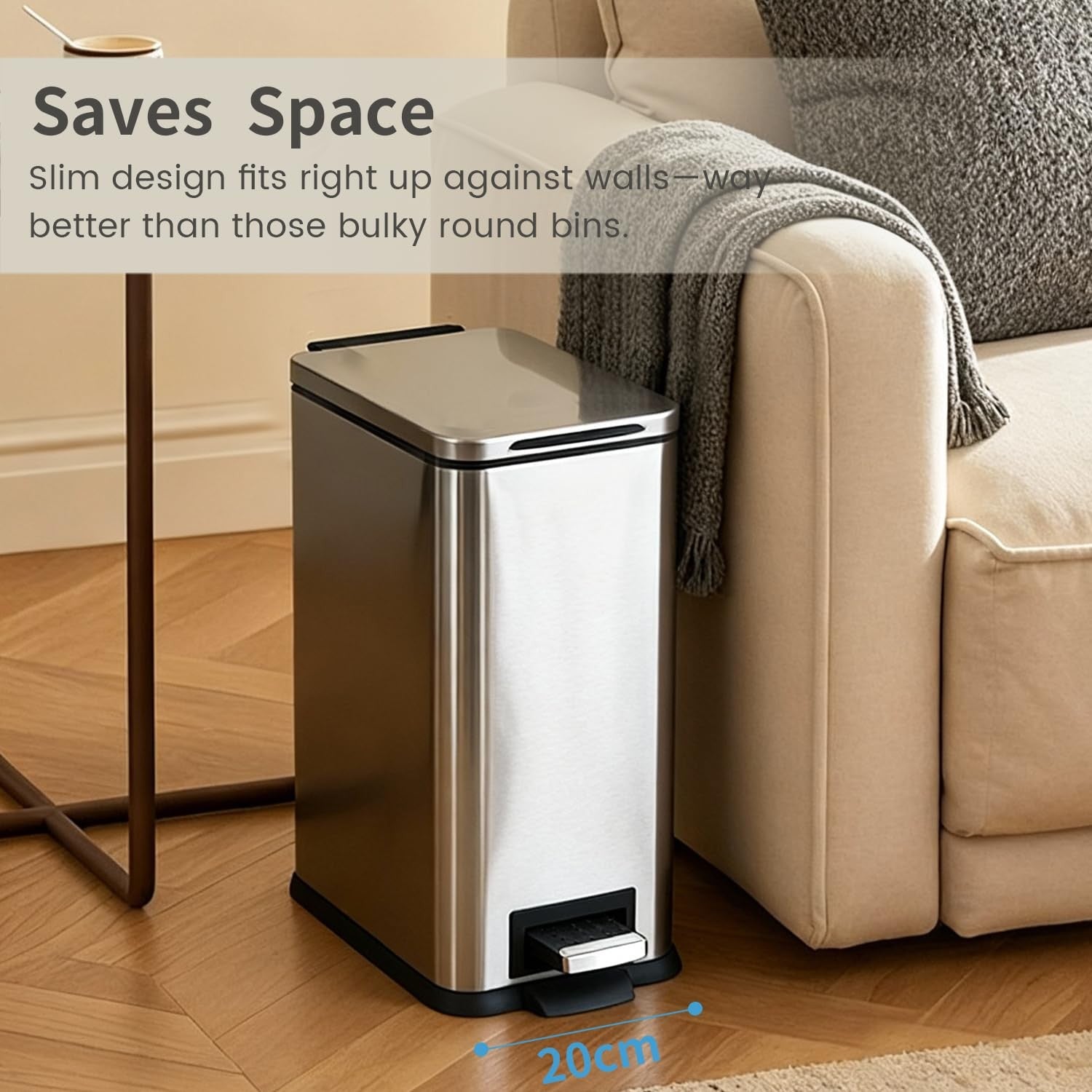 17L Slim Stainless Steel Pedal Bin Soft Close Kitchen Silver