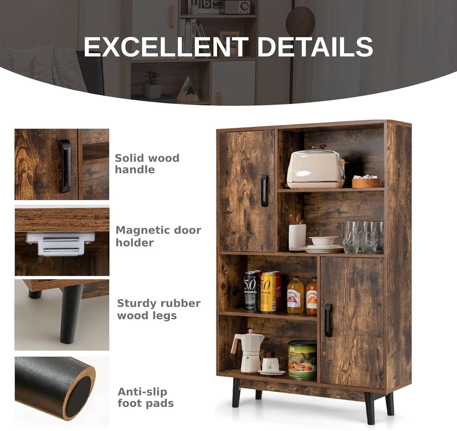 5-Tier Rustic Bookcase with Doors, Adjustable Shelves Tall Storage Cabinet 80×12