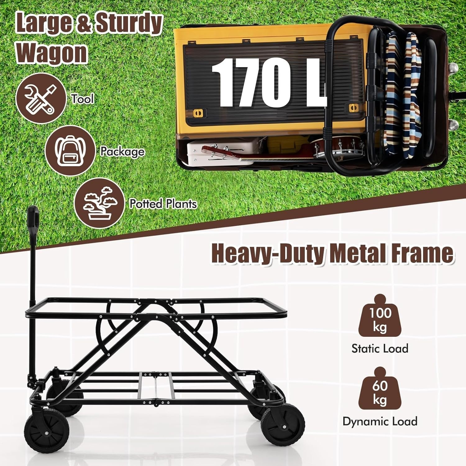 Brown Folding Camping Wagon 170L Heavy Duty Collapsible Garden Cart w/ Handle