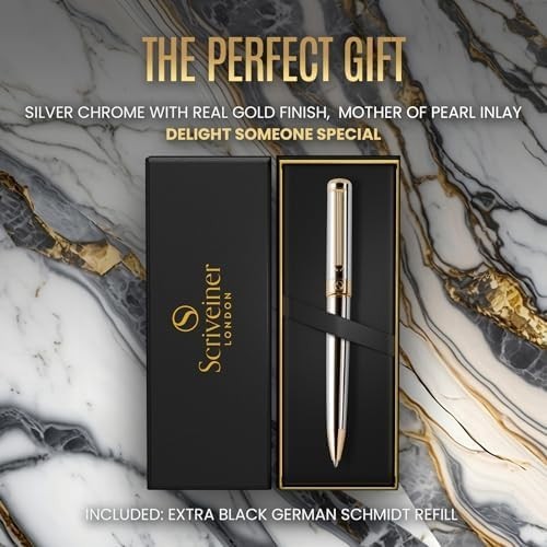 Luxury Silver Chrome Ballpoint Pen Gold Trim Medium Black Ink