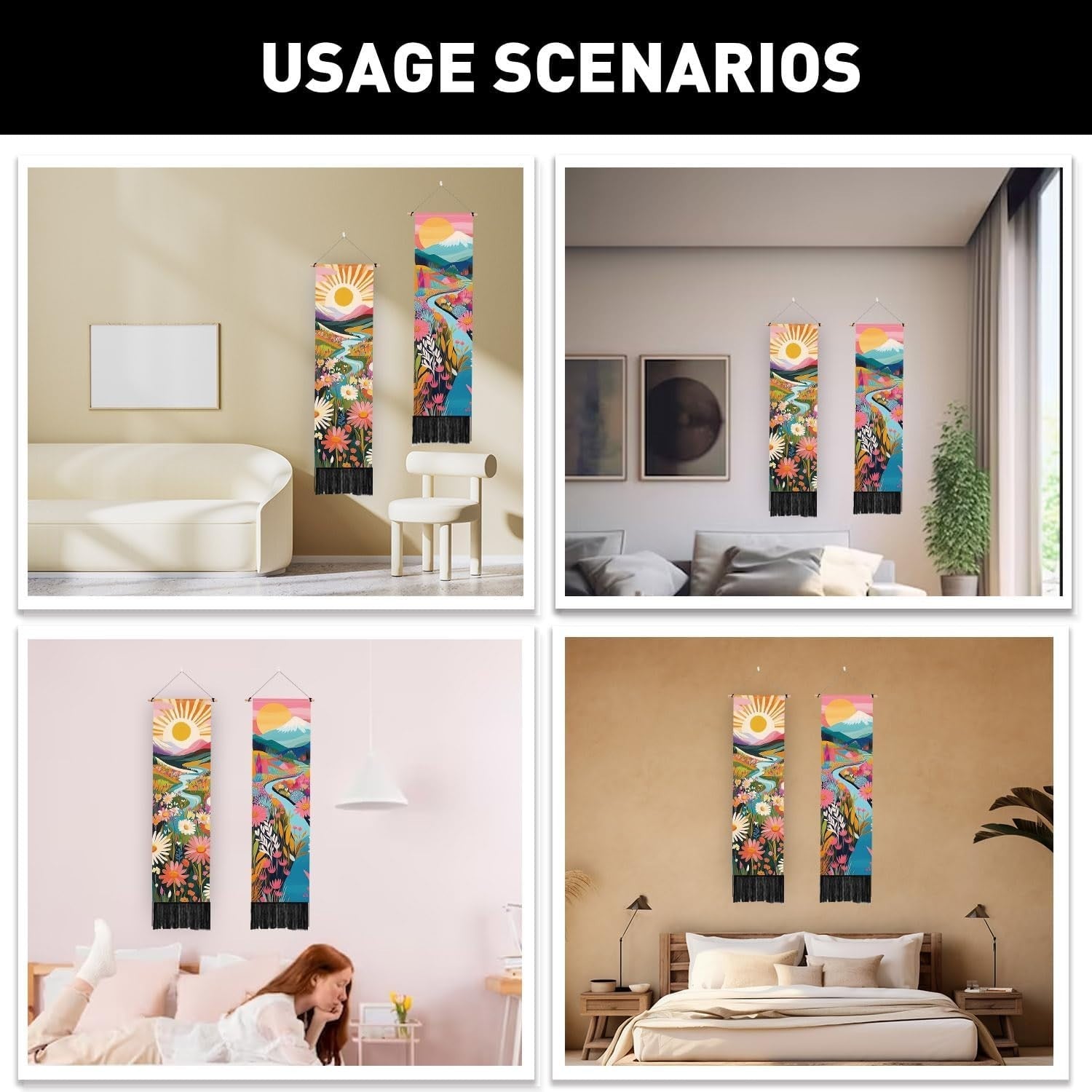2-Pack Boho Abstract Landscape Tapestry 52"x13" Vertical Wall Decor