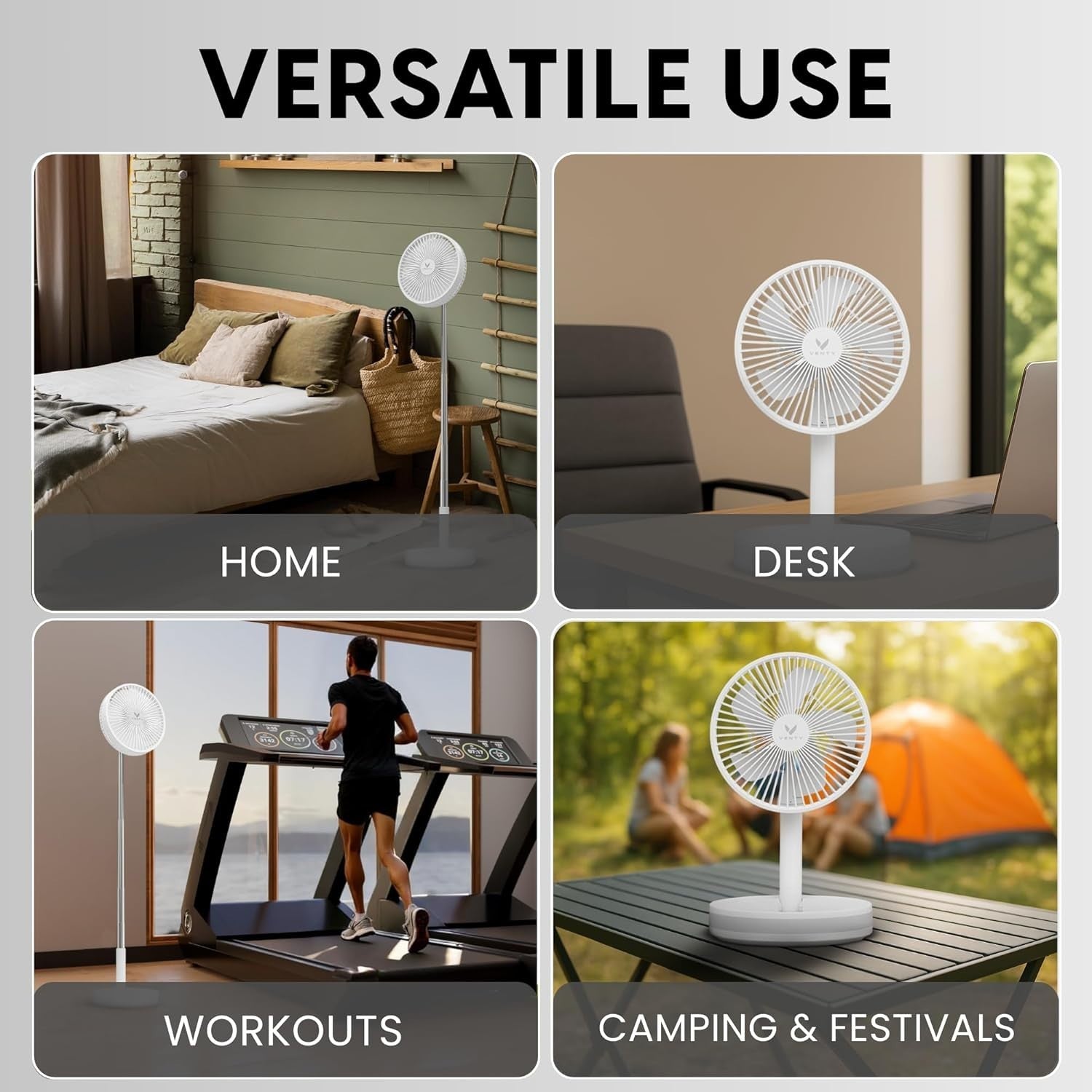 Portable Foldable Fan 4-Speed w Remote LED Light USB-C Rechargeable White w Case