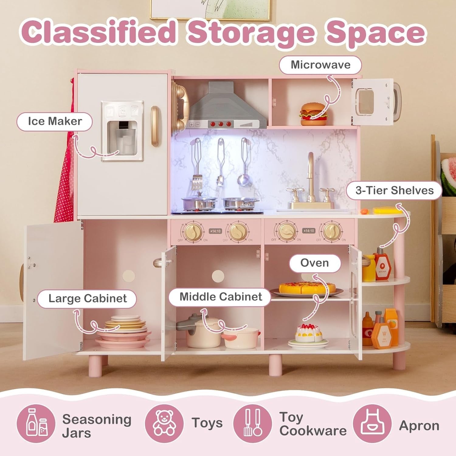 Pink Kids Play Kitchen Lights Sounds Ice Maker Chef Toy Set