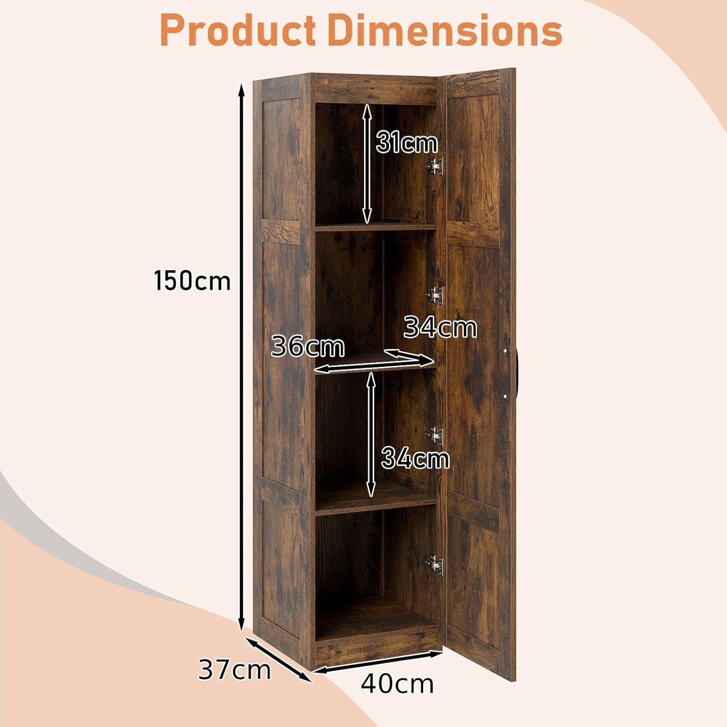 Rustic Brown Tall Kitchen Cupboard 4-Tier 4 Doors 150H