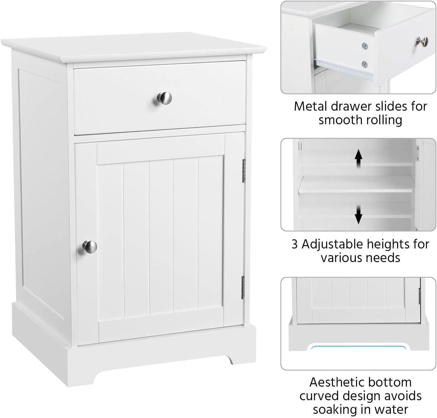 White Wooden Bedside Tables Set of 2 with Drawer & Cupboard