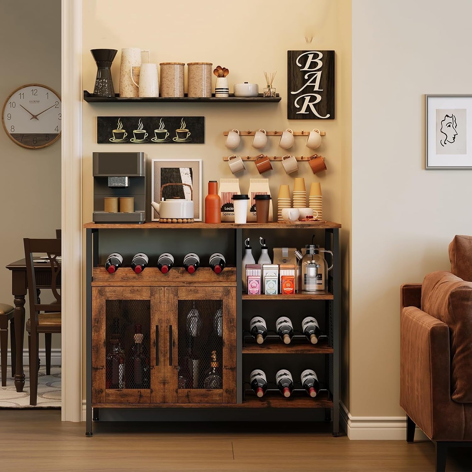 Rustic Wine Bar Cabinet with Glass Holder & Bottle Rack, Sideboard Buffet Unit