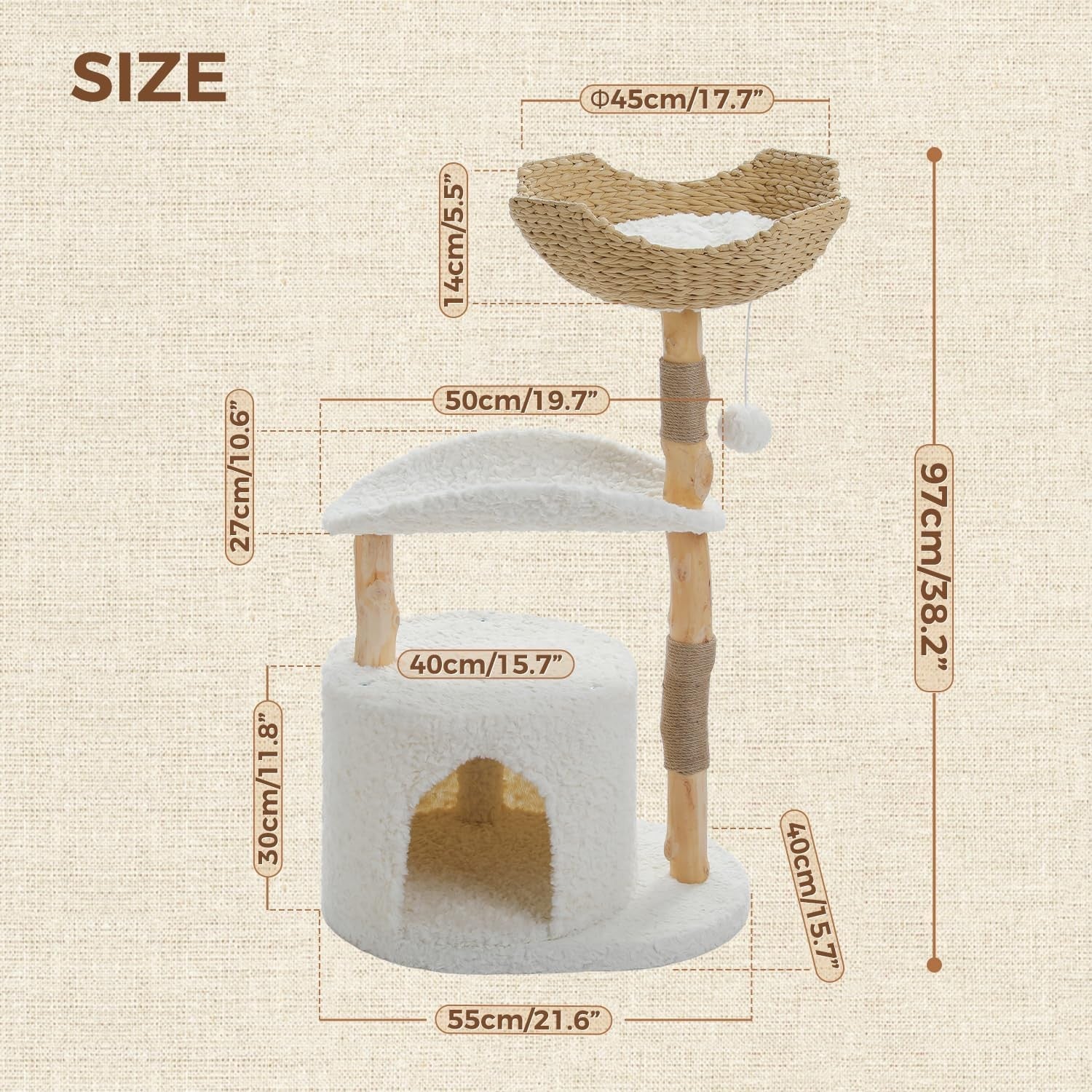 Modern Cat Tree 97cm Solid Wood Tower Rattan Basket Condo Indoor Cats