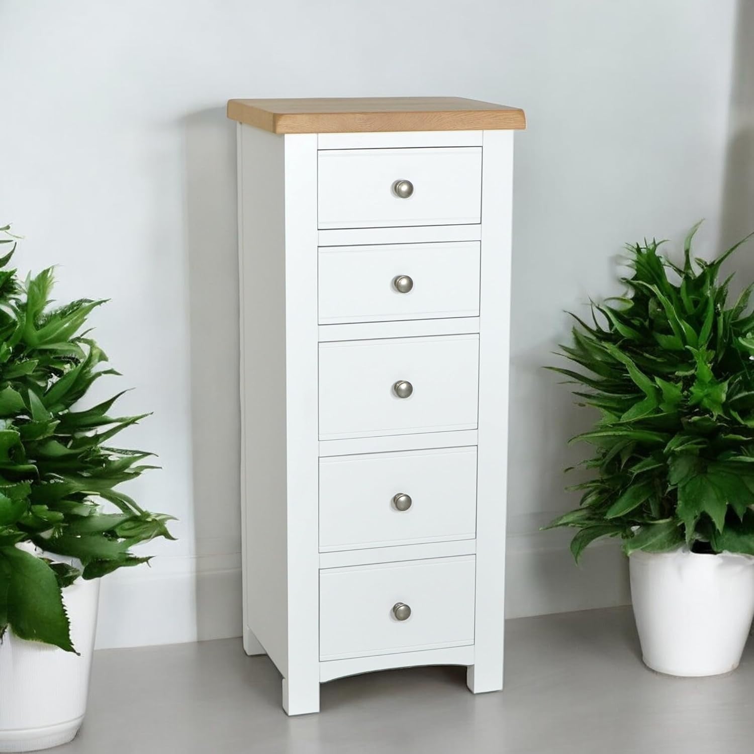 White 5 Drawer Tallboy Chest Slim Storage Bedroom Cabinet 116cm High
