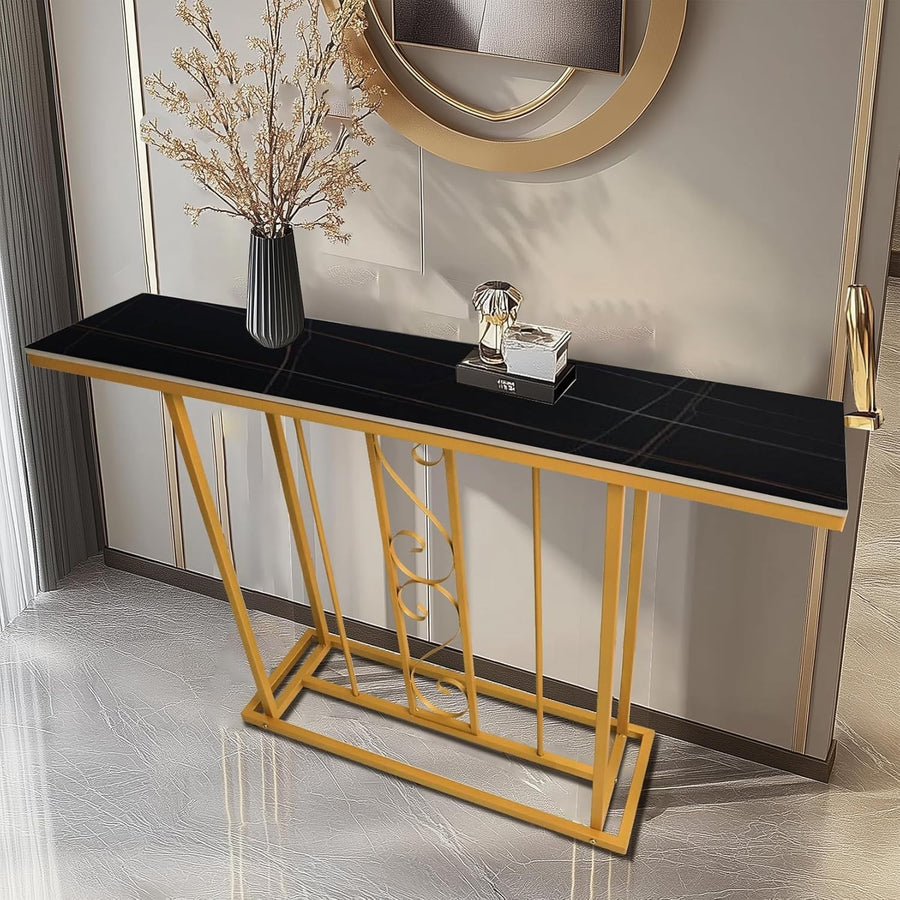 120cm Slim Console Table Gold Frame Marble Look Top – Entryway Shelf Unit
