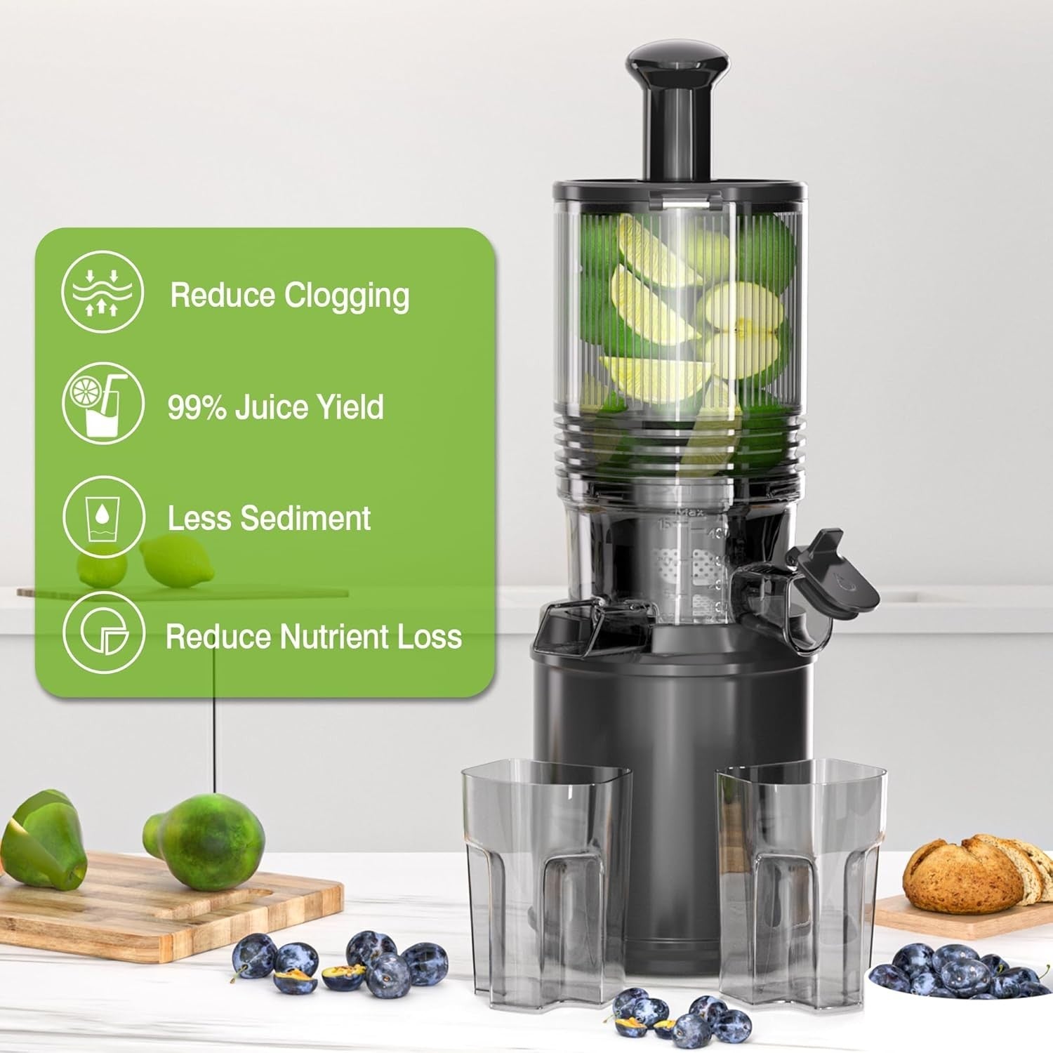 Cold Press Juicer 6.5in Feed Chute Whole Fruit Hands Free Easy Clean