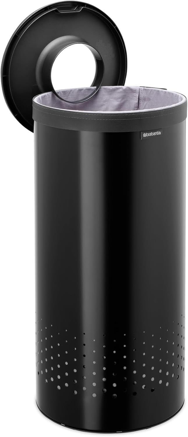 Matte Black 35L Laundry Bin with Lid | Quick-Drop Opening & Removable Cotton Bag