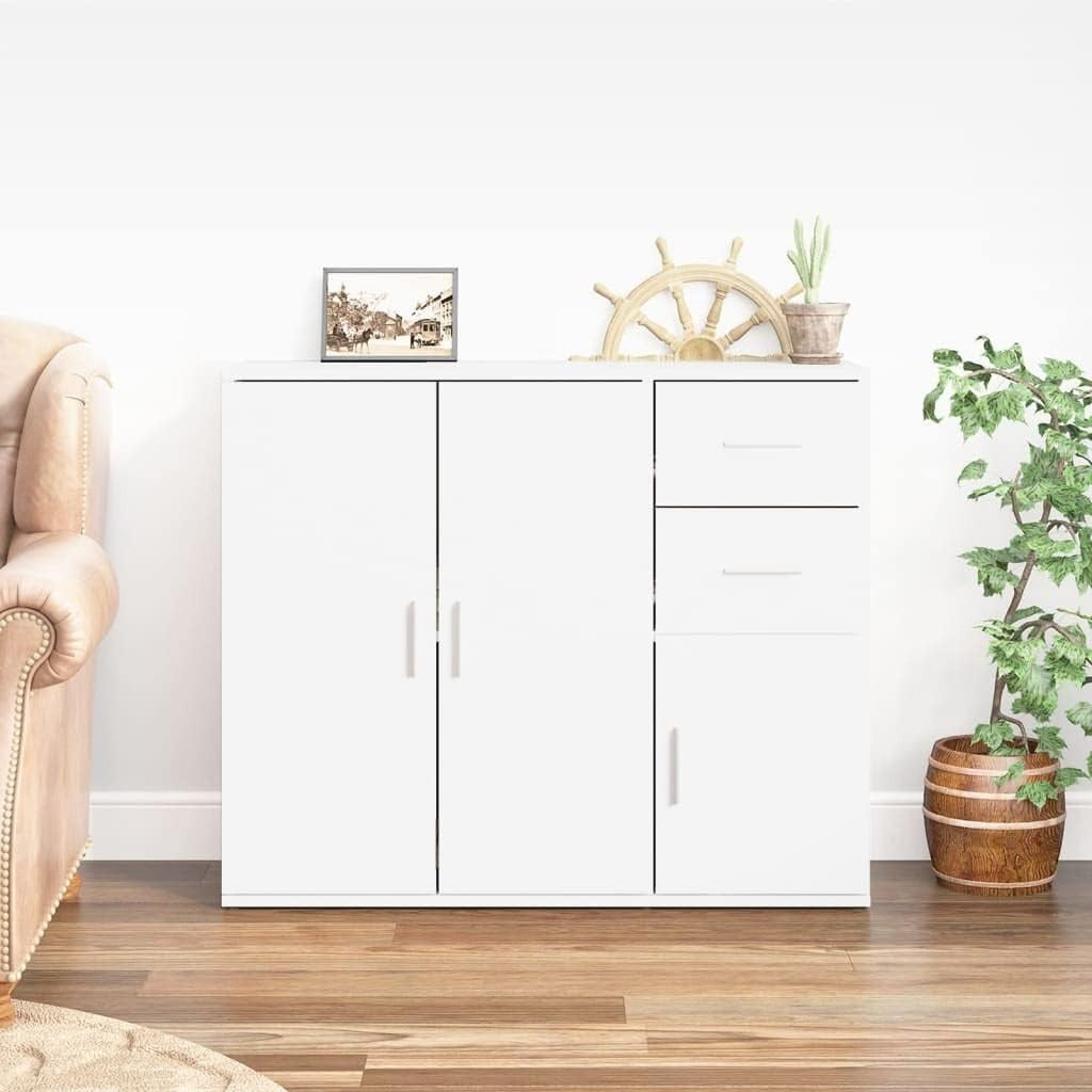 Modern White Engineered Wood Sideboard Storage Cabinet with Drawers & Doors