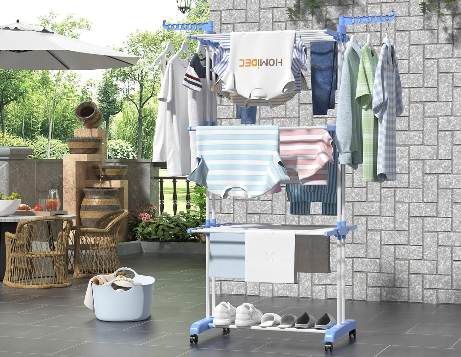 4 Tier Clothes Airer Stainless Steel Foldable Drying Rack with Wheels Blue