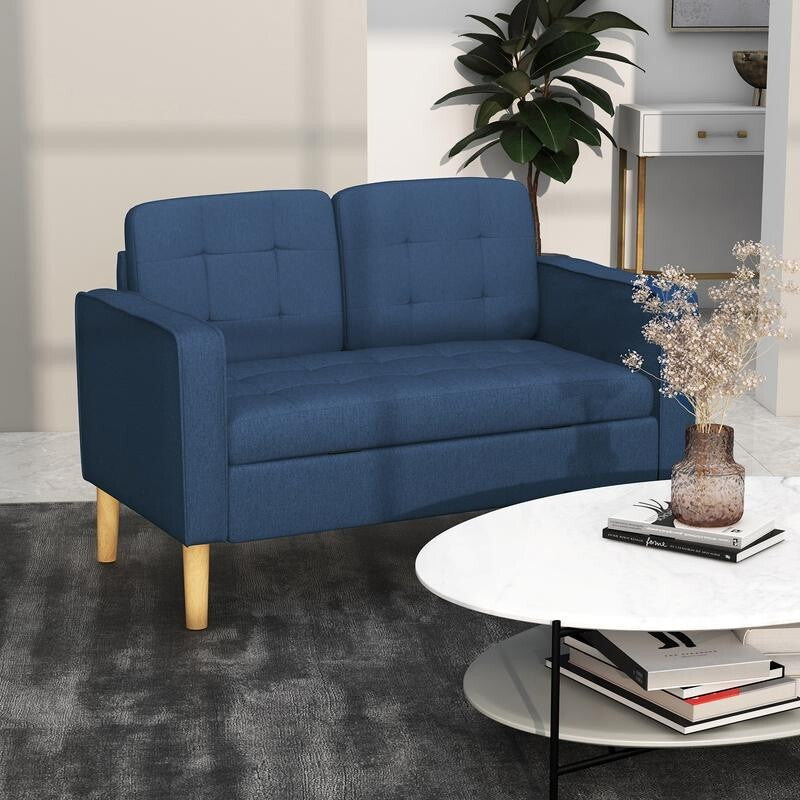 2 Seater Sofa Blue Storage Couch Tufted Fabric Compact Seat Wooden Legs