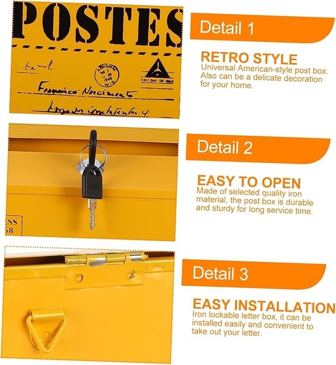 Lockable Vintage Wall Mounted Mailbox Iron Post Box Yellow Secure Outdoor