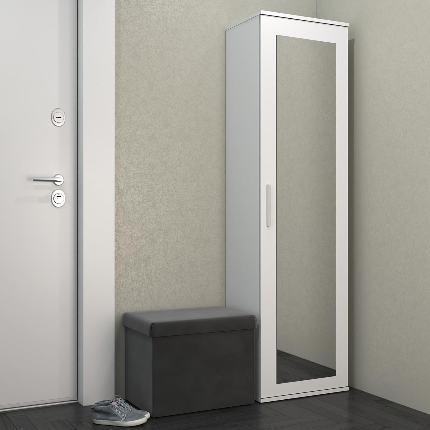 Slim White Entryway Wardrobe with Mirror, Hooks & Storage | 180cm