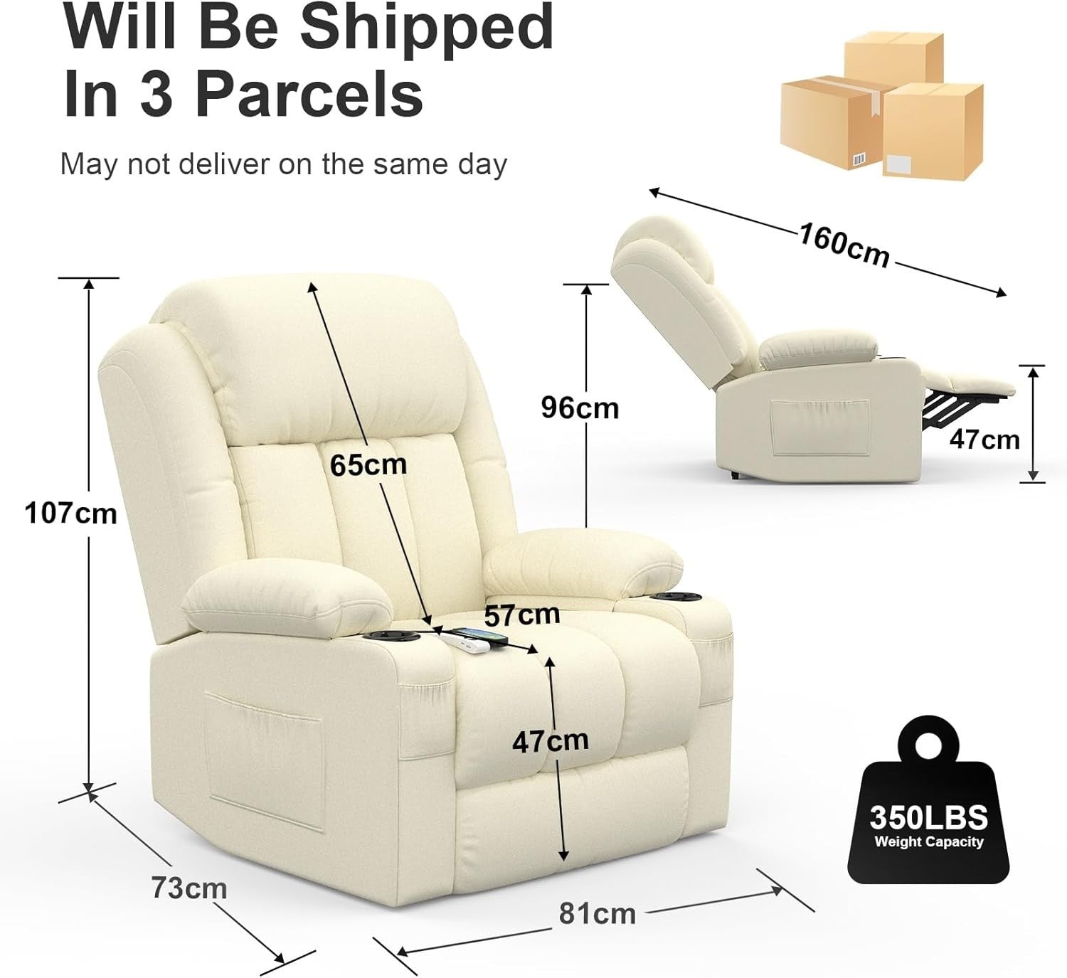 Power Lift Recliner Chair Massage Heat USB Ports Cup Holders Faux Leather Beige