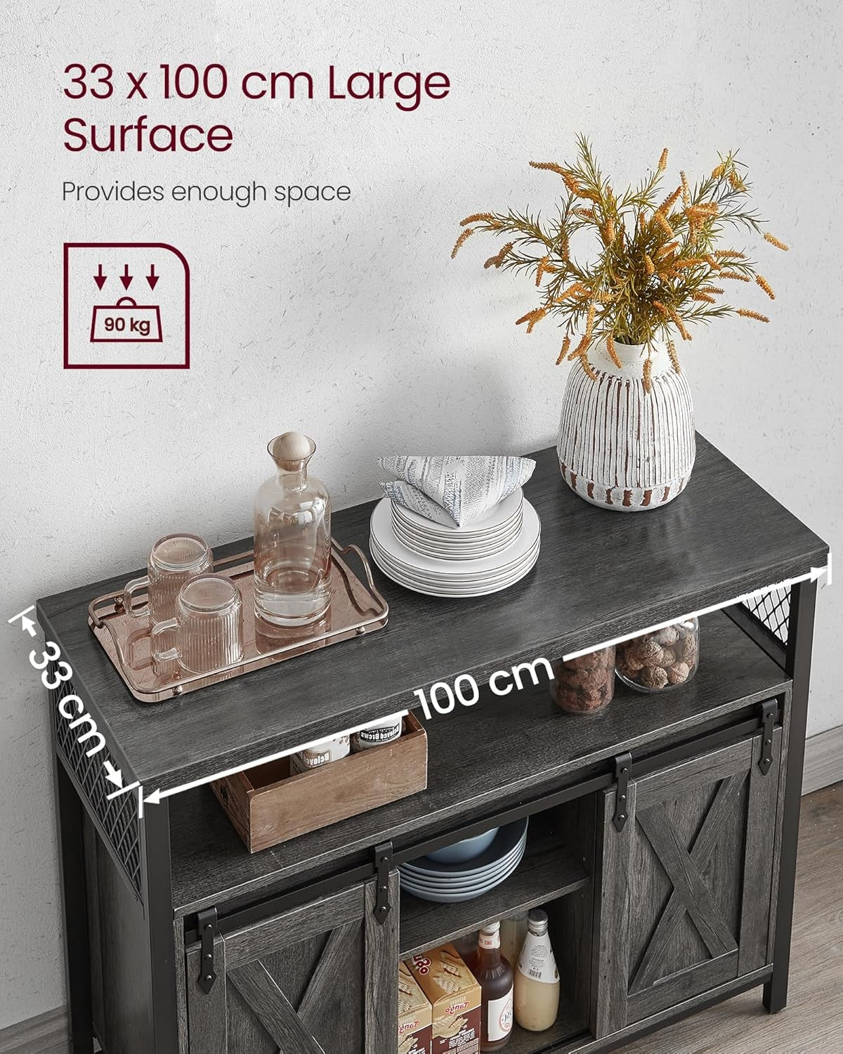 Charcoal Grey Industrial Sideboard Sliding Door Storage Cabinet