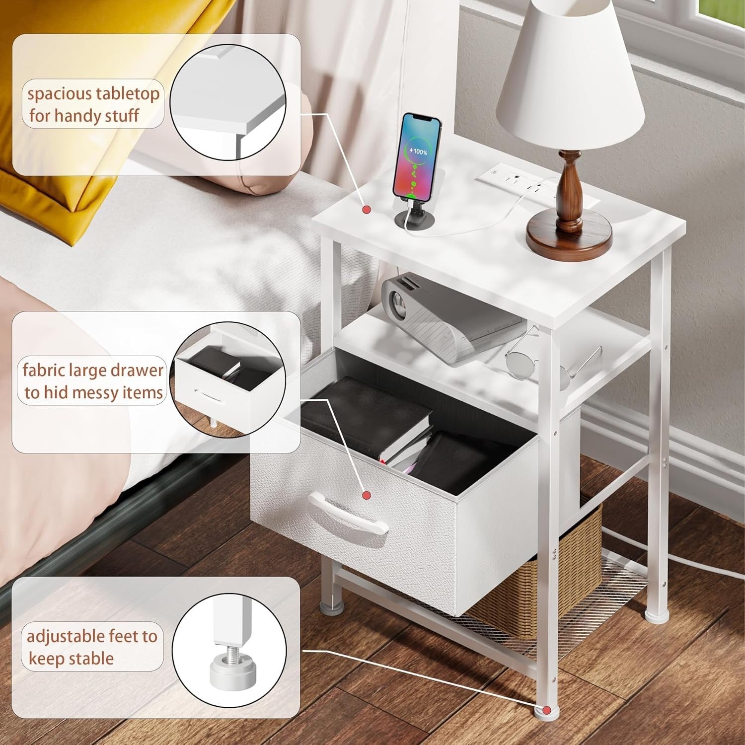 Set of 2 White LED Bedside Tables with Drawer & USB Charging Ports